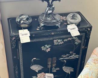 Black Lacquered Asian Cabinet, Victorian Man Glass Paperweight, Victorian Woman Glass Paperweight