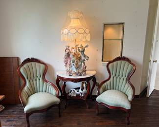 Pair of Victorian parlor, chairs with floral tapestry fabric and marble top center table and Captain Monte Figueroa lamp
