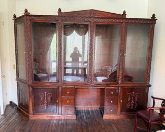 Amazing carved rosewood wall system with display and integrated desk and chair