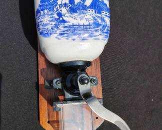 Vintage Porcelain And Wooden Coffee Grinder 