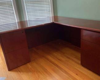Light Cherry Colored LShaped Wood Desk  Will Require Disassembly 