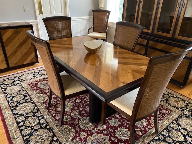 Table is 72" long, 42" wide. 2- inch leaves, 2 arm chairs and 4 side chairs. Excellent condition. 650.00