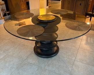 Round Glass Dining Table with darkwood accordian base 