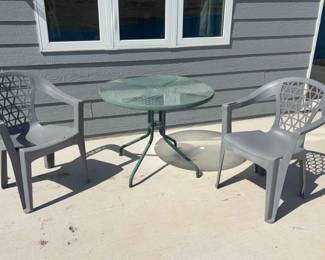 Glass Top Metal Table 2 Plastic Chairs