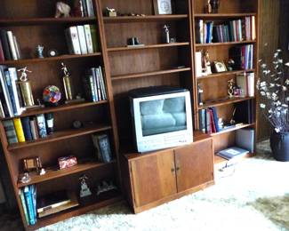 Vintage 3 section teak bookcase unit, books