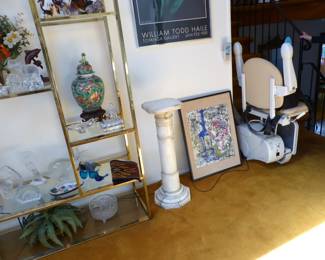 Vintage brass & glass etagere, bric-a-brac, marble pedestal