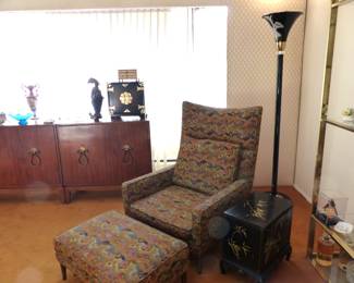 Mid-Century modern chair & ottoman, Asian low chest, floor lamp