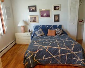 Bed, 3 drawer chest, pictures, lamp
