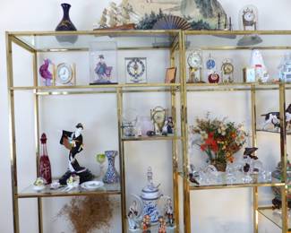 Vintage brass & glass etagere, bric-a-brac