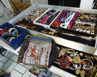 Costume jewelry, antique beaded purses