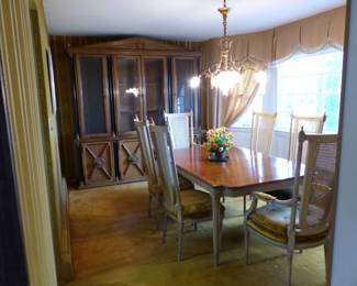 Vintage dining table with 6 chairs, vintage Drexel breakfront, antique chandelier, window treatment