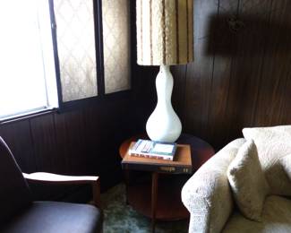 Teak chair & round table, lamp