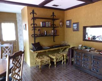 Wall shelf & shelves, 3 small benches, credenza