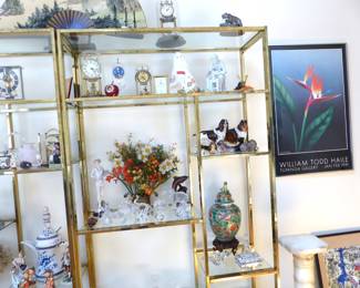 Vintage brass & glass etagere, bric-a-brac