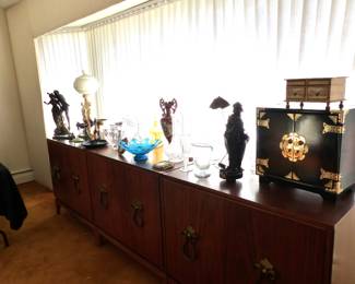 Mid-Century modern credenza bar cabinet, bric-a-brac