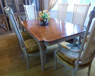 Vintage dining table with 6 chairs, vintage Drexel breakfront