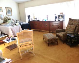 Mid-Century modern chair & ottoman, Asian low chest, mid-century modern credenza bar cabinet