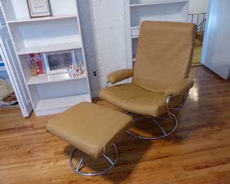 Chrome base recliner with ottoman, bookcases
