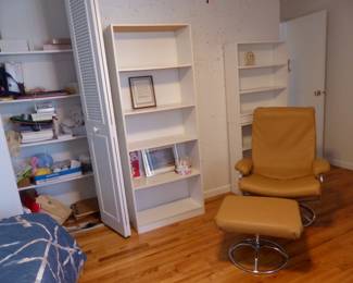 Chrome base recliner with ottoman, bookcases