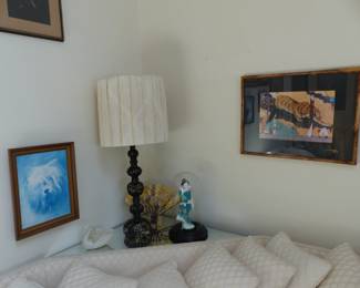 Mirrored corner wedge table to put behind sectional sofa, vintage lamp & art