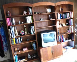 Vintage 3 section teak bookcase unit, books