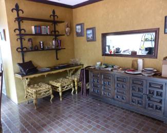 Wall shelf & shelves, 3 small benches, credenza