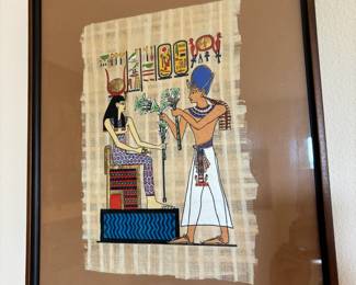 Framed Egyptian Painting of Ramses II and Goddess Hathor on Papyrus