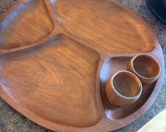 Teak Divided Appetizer Dish with Two Dipping Bowls - Made in Thailand