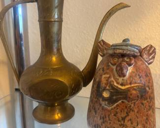 Etched Brass Ewer, Figural Art Pottery Sculpture