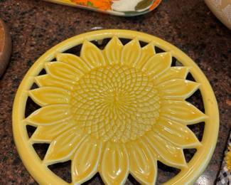 Yellow Enameled Cast Iron Sunflower Trivet