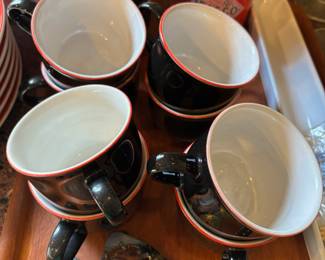 Set of 10 Ranmaru "Tuxedo" Black, Red & White Stoneware Coffee Mugs