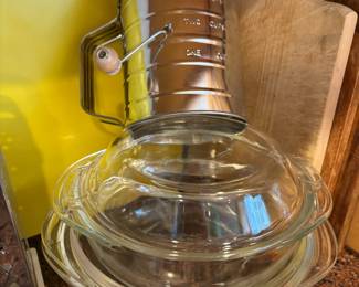 Pair of Pyrex Clear Glass Casserole Dishes, 3-Cup Metal Flour Sifter