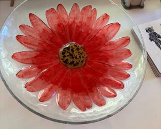 Art Glass Bowl with Red Daisy Design