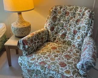 Circa 1960's Cork Table Lamp, Circa 1960's Floral Upholstered Arm Chair