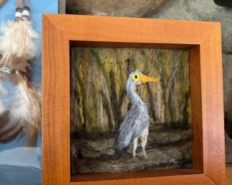 Framed Blue Heron Wool Fiber Art by Sarah Mandell