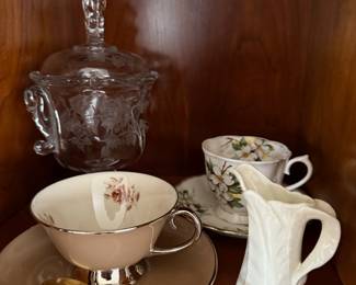 Flintridge China "Cocoa Rose" Tea Cup and Saucer, Royal Worchester Fern Leaf Pitcher, Royal Albert White Dogwood Tea Cup & Saucer