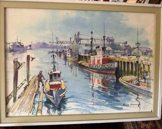 Framed Watercolor Painting of Boat Dock by Ross Nicoll
