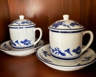 Pair of French Floral Williams-Sonoma Covered Tea Cups & Saucers