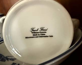 Pair of French Floral Williams-Sonoma Covered Tea Cups & Saucers