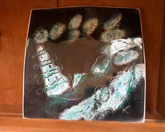 Blue, White & Black Abstract Design Pottery Platter – Signed Marci