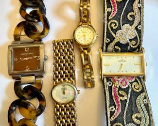 Michael Kors Brown Tortoise Shell Chain Wrist Watch,  Anne Klein Gold Tone Band/Mother of Pearl Face Wrist Watch, Fossil F2 Gold Tone Band Women's Wrist Watch,  Anne Klein Embroidered Tapestry Wrist Watch