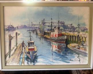 Framed Watercolor Painting of Boat Dock by Ross Nicoll