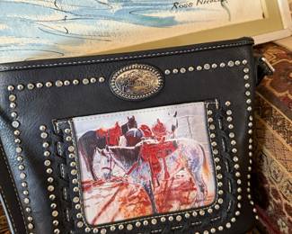 Montana West Studded Black Leather Horse Print Shoulder Bag