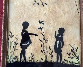 Reverse Painting Children Playing Silhouette with Milkweed Background