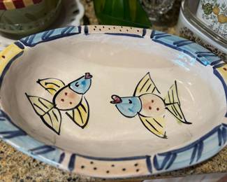 Lorna Smith Pottery Fish Themed Oval Serving Bowl