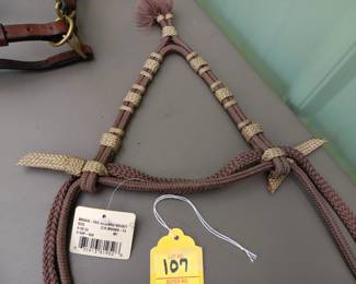 Lot#107: brown-tan Vaquero head stall, sash, pony bridle, lead line