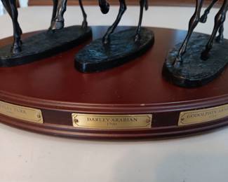 Lot #19: lot of 3 solid bronze horse sculpures on display stand by Gill Parker, The Origins of Champions, Godolphin Arabian, Darley Arabian, Byerley Turk