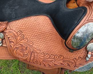 Custom saddle by Dale Chavez, 17", tooled leather with silver tone accents