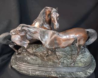 Stunning bronze horse statue "The Accolade" by French sculptor Pierre Jules Mene dated 1868, 24" long x 12" wide x 17" tall, weighs 75 pounds, with original receipt for $5000 from Winston Harris Gallery in New York City dated 2000