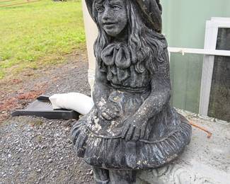 Concrete girl sitting on the bench 27" tall x 16" wide- bench is not For Sale